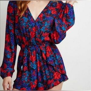 Forever 21 Floral Long Sleeve Romper Red Blue Purple Black sz Medium